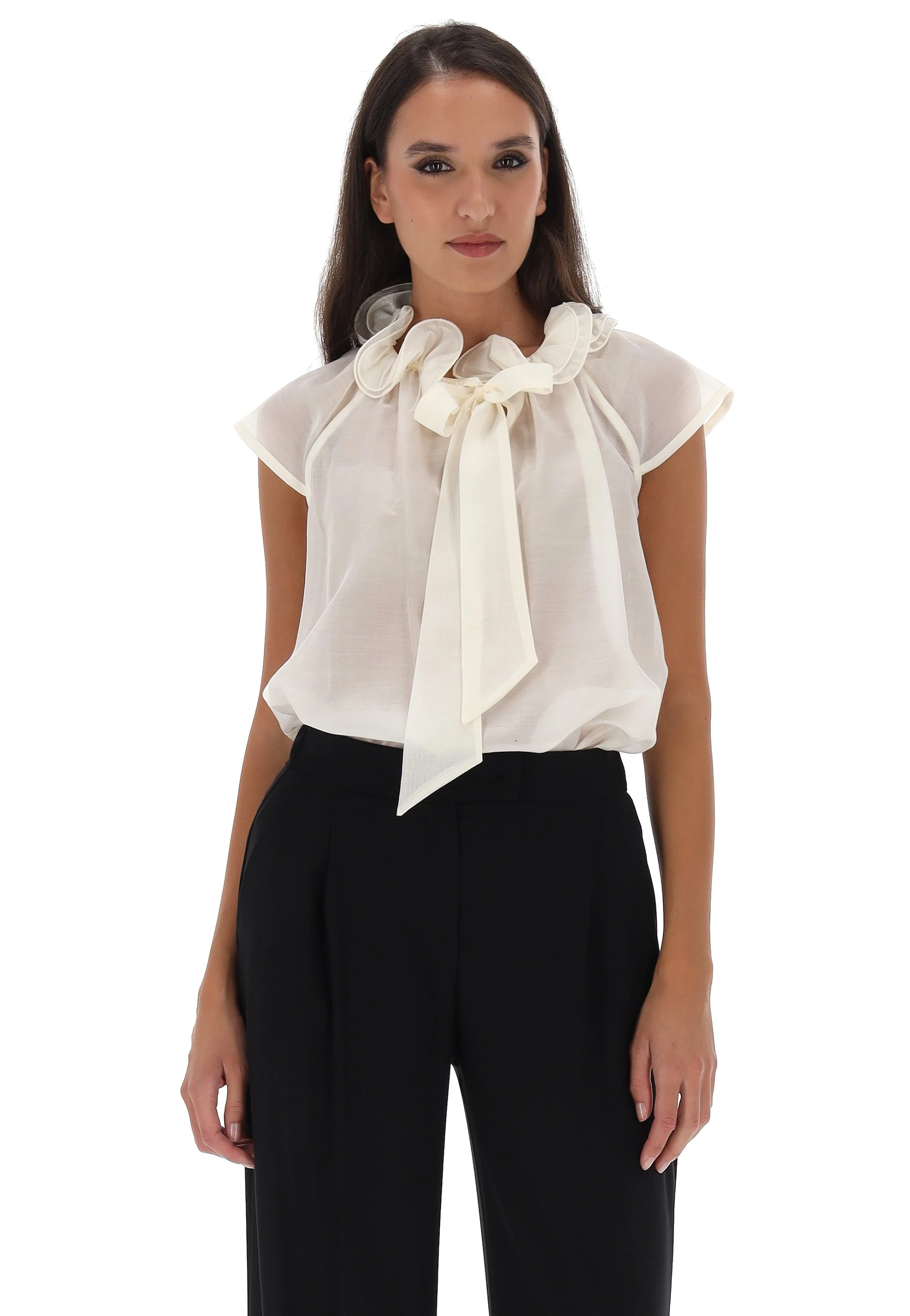 Blusa smanicata con rouches scollo èks